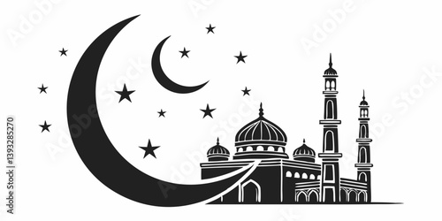 crescent moon with a lot of stars and a mosque vector illustration for eid ul adha 