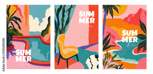 Creative concept of summer bright covers set with abstract tropical leaves, nature landscape, sun, clouds, sea, hotel room, pool. Minimalist style design templates with vintage paper texture. Vector