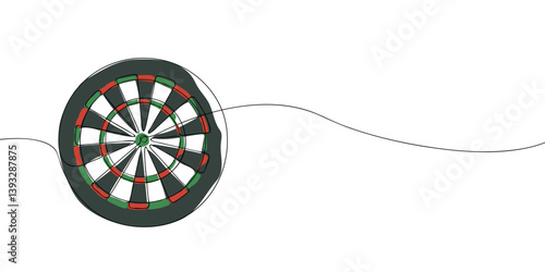 Minimalist continuous line drawing of a dartboard featuring red, green, black, and white sections, symbolizing precision, competition, and accuracy in the game.