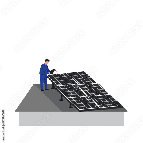 Technician installing solar panels on roof in flat vector illustration