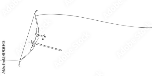 Continuous line drawing of a modern archery bow featuring a sight and stabilizer, representing precision sport and competitive equipment.