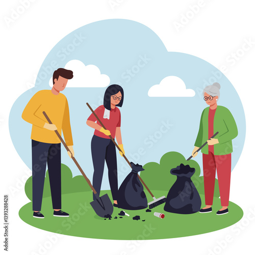 Community members cleaning the park in flat vector art style