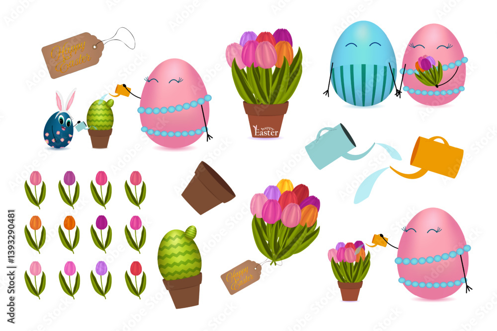 Fototapeta premium 3D clip art collection of adorable anthropomorphic Easter eggs characters and couple egg, potted cactus and tulips, bouquet of flowers, watering cans, and tulip set in a festive holiday theme.