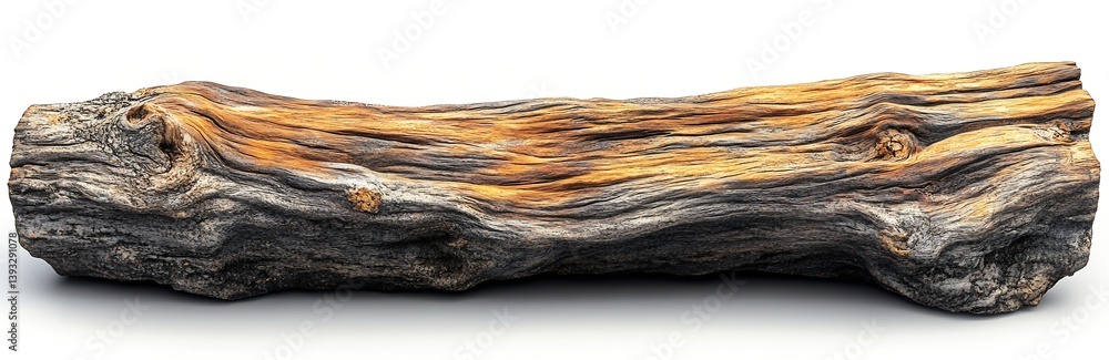 Fototapeta premium Weathered Wood Log Isolated on White Background Detail of Old Tree Trunk Showing Texture Grain Rings and Natural Decay : Generative AI
