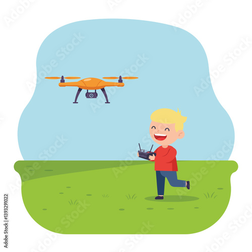 Happy child flying a drone in a flat, colorful vector illustration