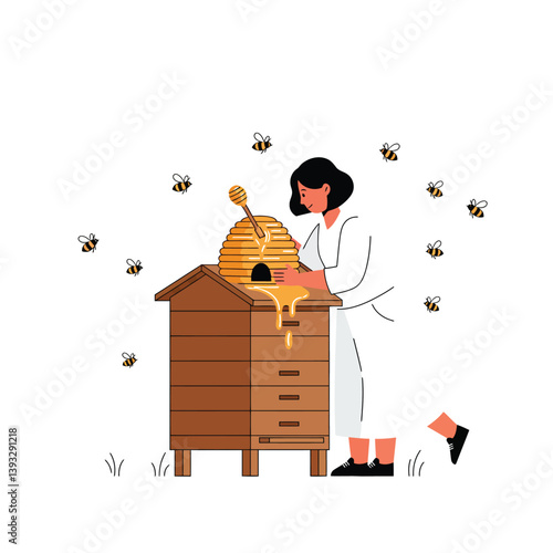 Beekeeper harvesting honey from hive in flat vector art style
