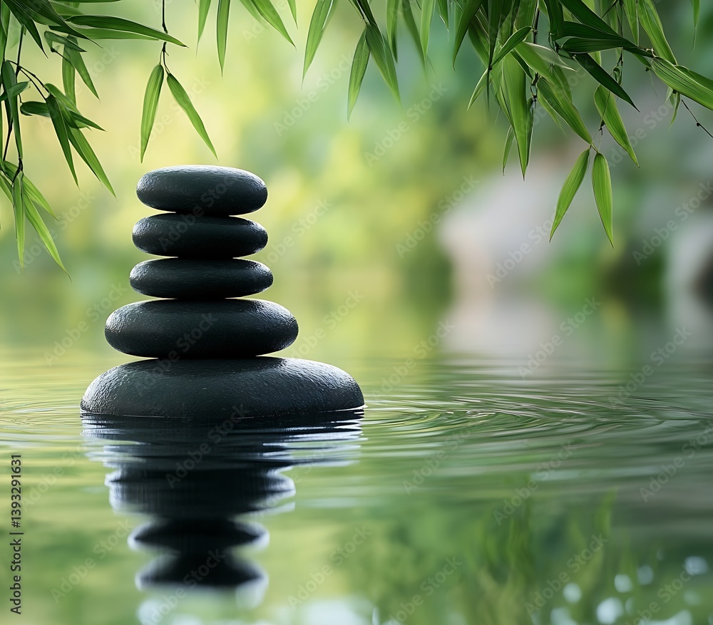 Zen Stone Stack in Water with Green Bamboo Leaves Peaceful Still Life Calm Meditation Spa Therapy Nature Reflection Wellness : Generative AI Zen Stone Stack in Water with Green Bamboo Leaves Peaceful Still Life Calm Meditation Spa Therapy Nature Reflection Wellness : Generative AI