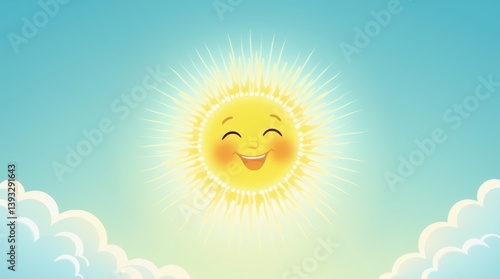 A digital illustration of a bright, smiling sun with soft gradients and glowing rays, set against a clear blue sky for a vibrant and uplifting mood