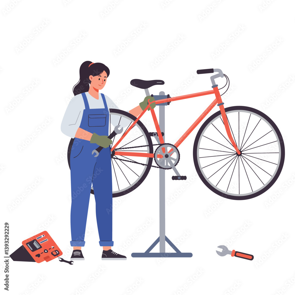 custom made wallpaper toronto digitalBicycle mechanic working on bike repair in flat vector art style