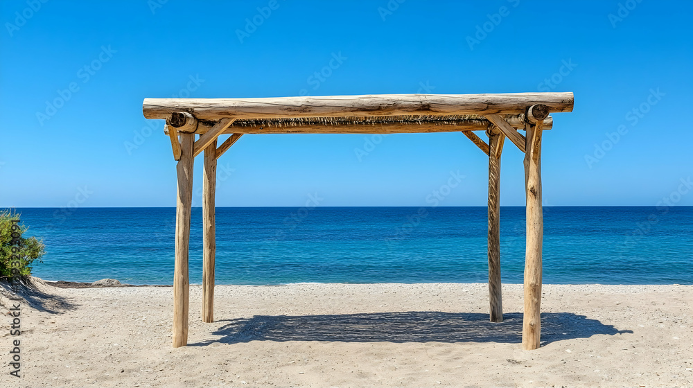 Wooden Beach Gazebo, Sunny Day, Ocean View, Relaxation, Outdoor Shelter Wooden Beach Gazebo, Sunny Day, Ocean View, Relaxation, Outdoor Shelter