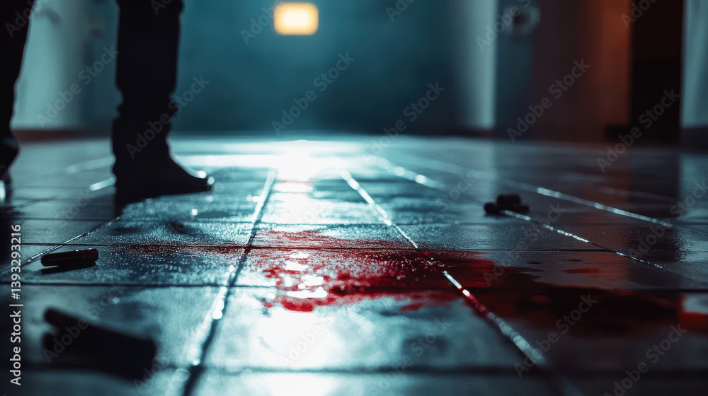 Naklejka premium A figure stands in a dimly lit hallway where bloodstains mar the floor. Abandoned weapons lie scattered nearby, suggesting a violent confrontation has occurred