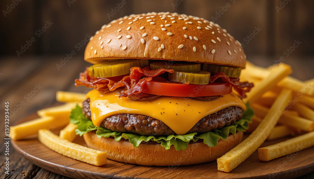 A cheeseburger, with melted cheddar cheese, crispy bacon, lettuce, tomato and pickles on a sesame seed bun, served with golden fries.
IA generativa. A cheeseburger, with melted cheddar cheese, crispy bacon, lettuce, tomato and pickles on a sesame seed bun, served with golden fries.
IA generativa.
