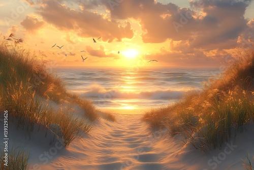 Golden Sunset Over Serene Beach with Sea Oats and Dramatic Clouds Tranquil Seascape for Backgrounds and Wall Art : Generative AI