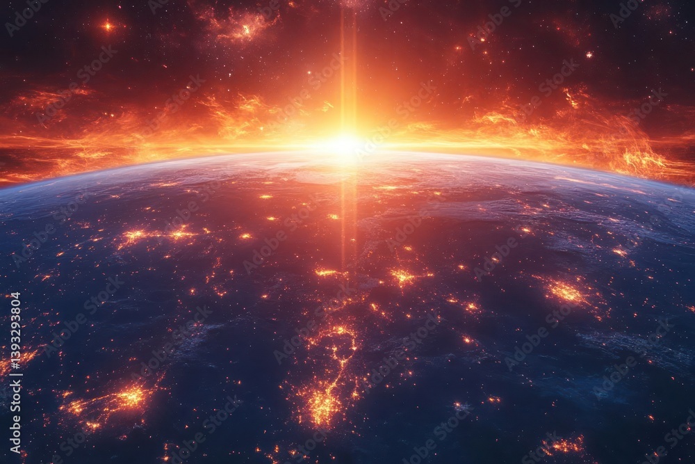 Obraz premium Sunrise over Earth from space, vibrant colors, city lights