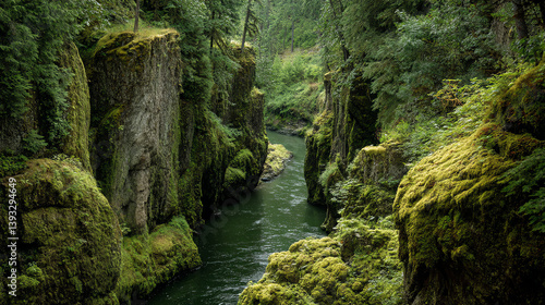 A river gorge with lush moss-covered walls