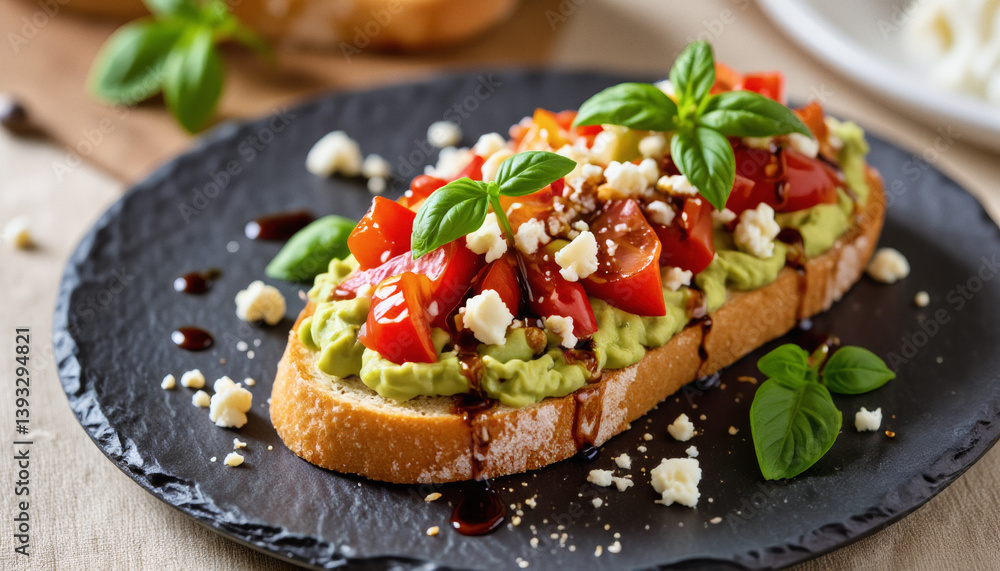 Vivid design food and beverage advertisement: A slice of toasted bread topped with avocado, tomatoes, feta cheese, and balsamic glaze sits on a dark slate plate, garnished with fresh basil. Vivid design food and beverage advertisement: A slice of toasted bread topped with avocado, tomatoes, feta cheese, and balsamic glaze sits on a dark slate plate, garnished with fresh basil.