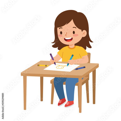 Girl coloring at a table in a flat vector illustration style