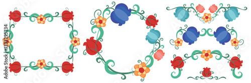 Vector set of floral frames, page dividers, borders, and decorative elements from colorful various ornamental flowers and leaves.
