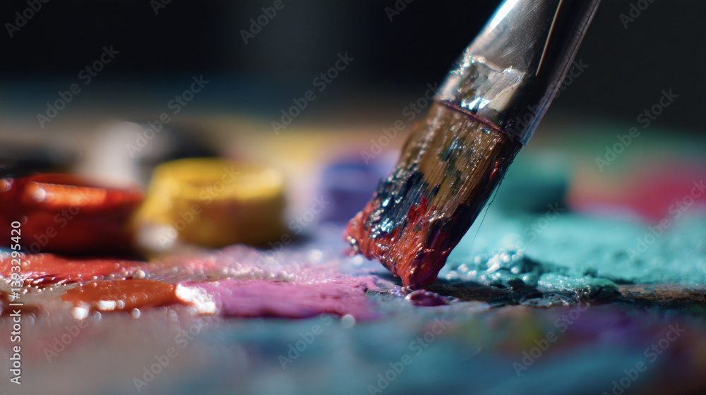 Obraz premium A paintbrush loaded with red and black paint touching a palette with various colors of wet paint