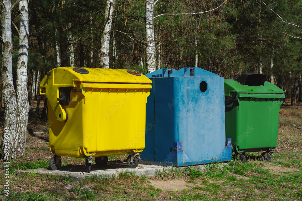 Three colorful recycling bins, yellow, blue, and green stand in forest. Eco-friendly waste sorting and sustainability. Three colorful recycling bins, yellow, blue, and green stand in forest. Eco-friendly waste sorting and sustainability.