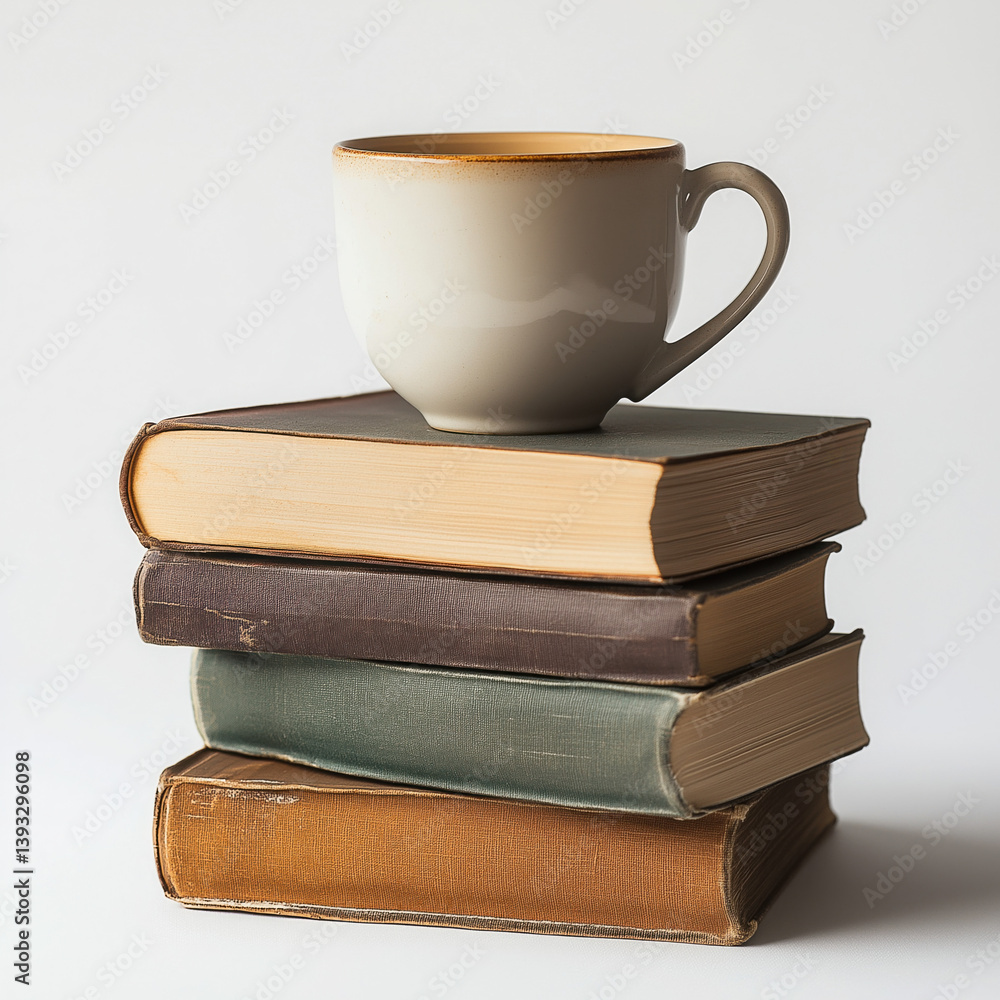 Naklejka premium Stack of books with coffee mug on top cozy study setup isolated on white background