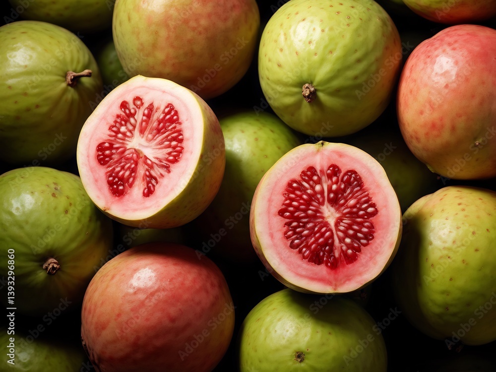 A Collection of Guava Fruit: Green, Pink, and Cut A Collection of Guava Fruit: Green, Pink, and Cut