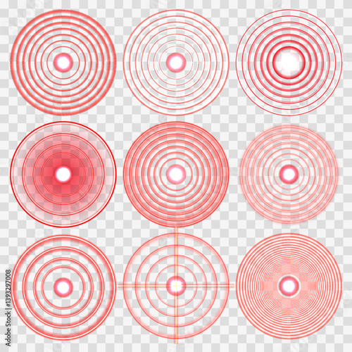 Pain localization icon shows sore point with red concentric rings. Inflammation marker radiates softly, symbolizing discomfort area. Shockwave ripple suggests internal ache or pulsing sensation.