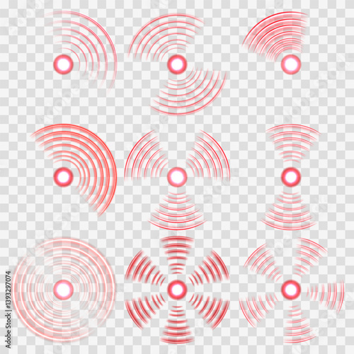 Pain localization icon shows sore point with red concentric rings. Inflammation marker radiates softly, symbolizing discomfort area. Shockwave ripple suggests internal ache or pulsing sensation.