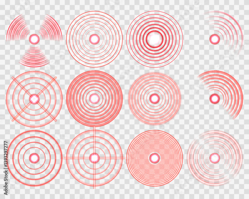 Pain marker glows in red, resembling sonar ring ripple. Localized ache sign focuses attention on tender area. Vector target icon mimics heat-based discomfort visualization.