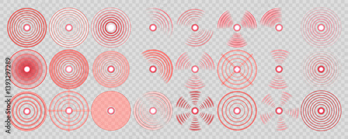 Red target circle identifies painful or inflamed body spot. Concentric radar symbol marks localized internal discomfort clearly. Pulse effect visualizes throbbing sensation in affected tissue.