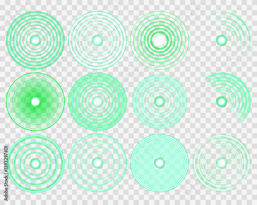 Green Wi-Fi signal glows softly, forming radial digital waves. RFID pulse effect radiates from central tech antenna point. Neon radar icon pulses smoothly in futuristic screen layout.