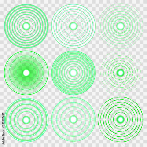 Green Wi-Fi signal glows softly, forming radial digital waves. RFID pulse effect radiates from central tech antenna point. Neon radar icon pulses smoothly in futuristic screen layout.