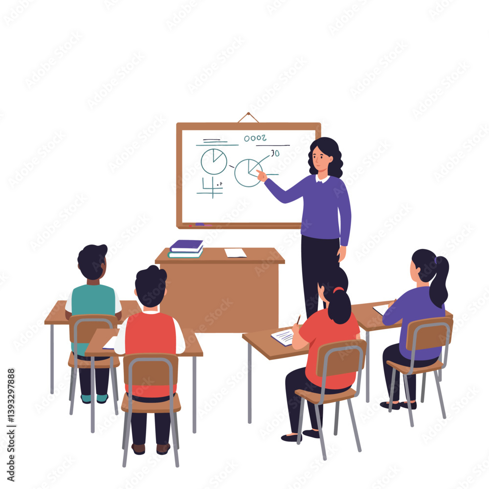 Classroom scene with teacher presenting concepts in flat vector art style Classroom scene with teacher presenting concepts in flat vector art style