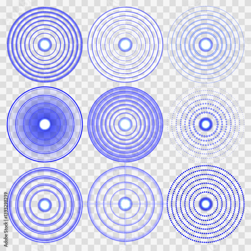 Round signal wave spreads evenly across transparent space. Seismic alert ring vibrates as shockwave indicator graphic. Wi-Fi wave effect pulses in structured layered formation. Blue light signal