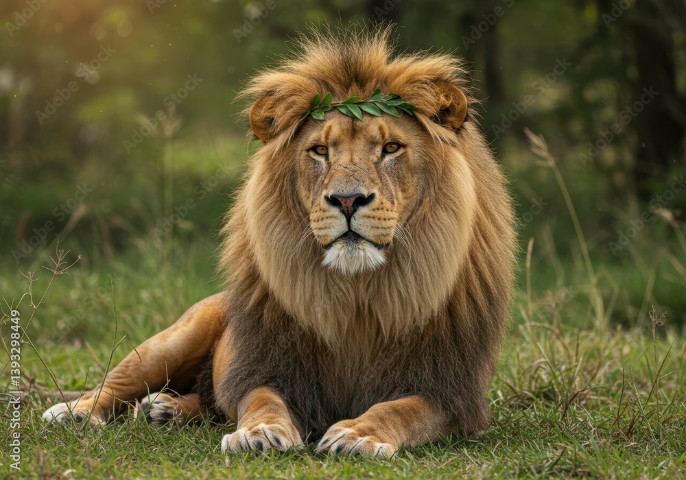 Majestic Lion Portrait Adorned with Green Laurel Wreath, Symbolic of Victory and Leadership, Ideal for Wildlife Conservation and Educational Materials. Photo. Majestic Lion Portrait Adorned with Green Laurel Wreath, Symbolic of Victory and Leadership, Ideal for Wildlife Conservation and Educational Materials. Photo.