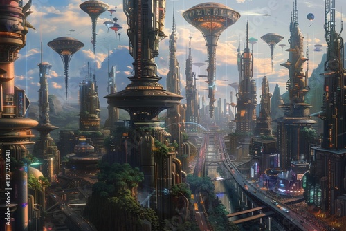 A detailed alien city featuring complex infrastructure, multi-story highways, buses, a lively amusement park, and imaginative inhabitants of a distant futuristic world.