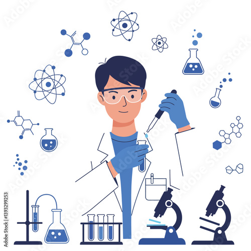Scientist conducting experiments with laboratory equipment in flat vector art
