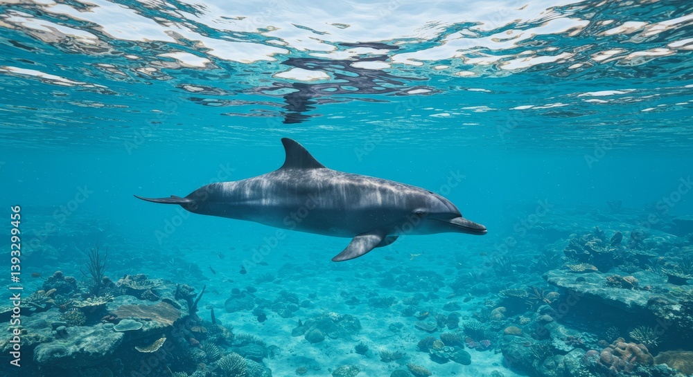 Fototapeta premium Dolphin Grace: Underwater Serenity - A dolphin swims gracefully through a vibrant coral reef, symbolizing freedom, peace, marine life, ocean beauty, and aquatic wonder