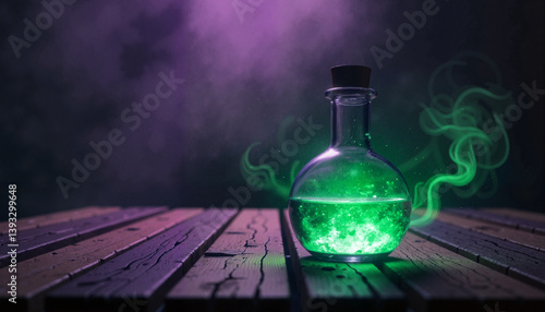 Glowing potion bottle on wooden table, Halloween magic