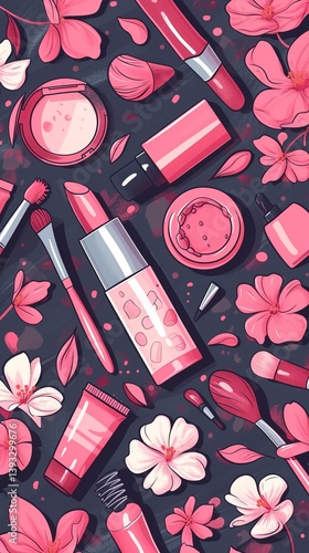 Seamless cosmetic pattern with lipstick, blush, brushes, nail polish, powder, and beauty accessories on a pink background. Fashionable feminine design for textiles, packaging, and wallpapers.