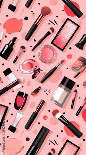 Seamless cosmetic pattern with lipstick, blush, brushes, nail polish, powder, and beauty accessories on a pink background. Fashionable feminine design for textiles, packaging, and wallpapers.