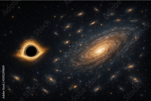 Photo realistic view of deep space with a supermassive black hole, spiral galaxy, and colorful stars, capturing the gravitational beauty and vast mystery of the cosmos.