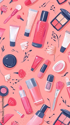 Seamless cosmetic pattern with lipstick, blush, brushes, nail polish, powder, and beauty accessories on a pink background. Fashionable feminine design for textiles, packaging, and wallpapers.