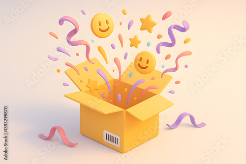 3D Isometric Delivery Box Scene with Confetti, Smiley Faces, Ribbons, and Stars Bursting from Yellow Box