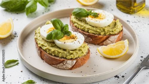 Avocado Toast with Boiled Egg: Toasted bread with creamy avocado, a boiled egg, fresh basil, lemon slices, and olive oil, set on a speckled white surface.