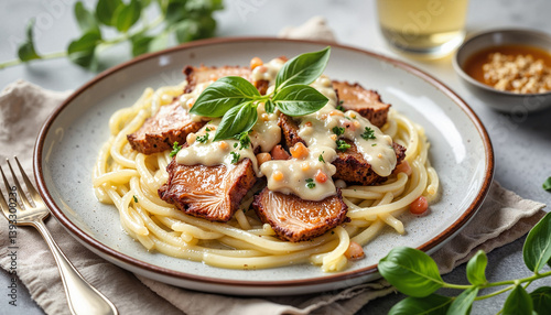 Tender veal in creamy sauce with pasta, elegant dining experience