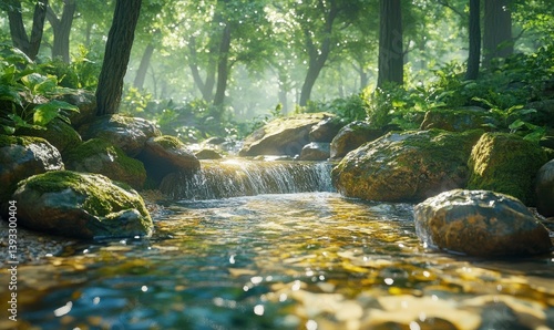 Scenic forest stream with crystal-clear water flowing over moss-covered rocks, soft sunlight filtering through the trees creating a peaceful natural vibe,
