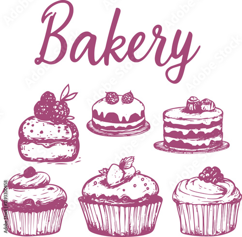 set of doodle sketch of cupcakes and text that say Bakery