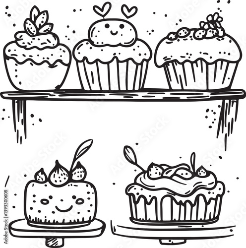 set of doodle sketch of cupcakes