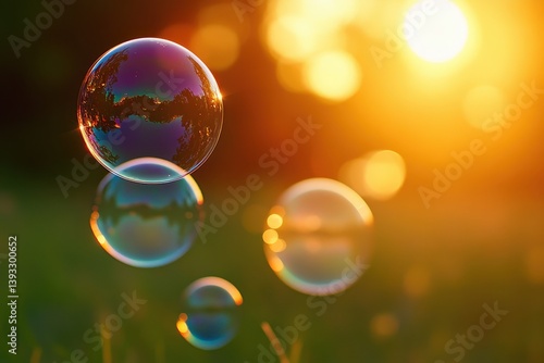 Floating Colorful Bubbles at Sunset, Golden Light, Green Grass Background